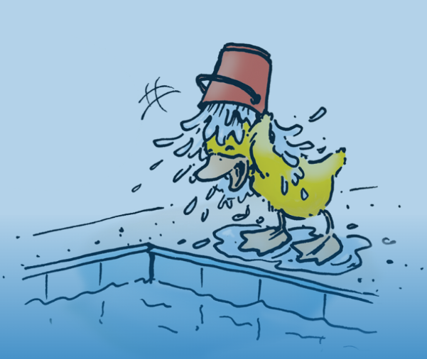 Eine Comic-Ente kippt sich einen Eimer Wasser über den Kopf